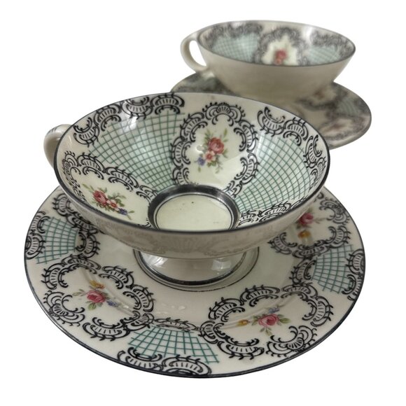 Vintage Empire Ware Tea Cups & Saucers Set of 4 Floral Black Lattice England - Picture 5 of 9